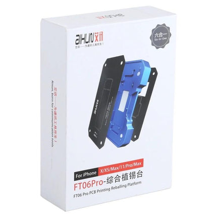 AIXUN FT06 Pro Professional Reballing Platform for iPhone X through 11 Pro Max - boxed product photo showing blue reballing fixture