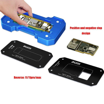 AIXUN FT06 Pro Professional Reballing Platform for iPhone X through 11 Pro Max showing motherboard alignment plates and blue fixture for precise reballing