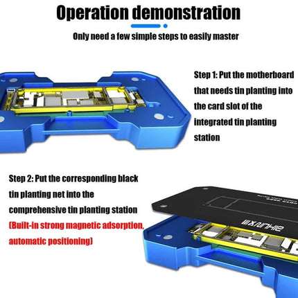 AIXUN FT06 Pro Professional Reballing Platform for iPhone X through 11 Pro Max showing motherboard alignment and tin planting operation demonstration