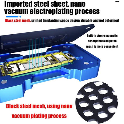 AIXUN FT06 Pro Professional Reballing Platform for iPhone X through 11 Pro Max showing black steel mesh nano vacuum electroplating and magnetic alignment for motherboard reballing