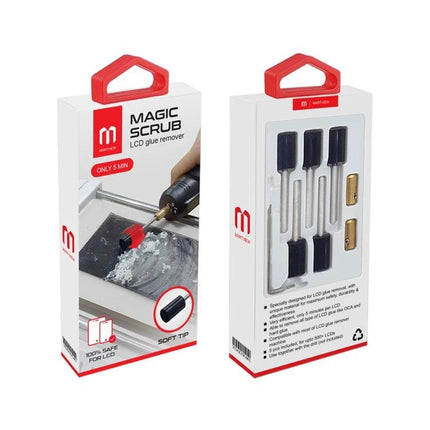 Martview Magic Scrub LCD Glue Remover Head Set of 5 Pieces in retail packaging showing five soft-tip heads and accessories