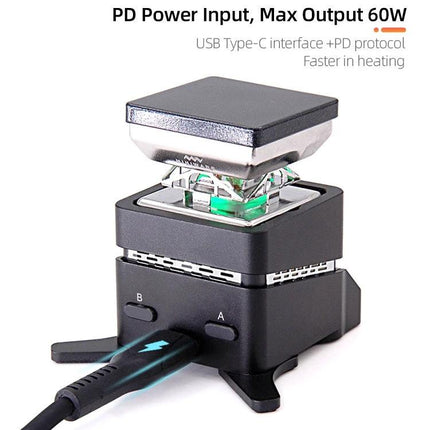Miniware Portable Mini Hot Plate Preheater for Everyday Heating showing compact 10cm separable unit with PD 60W USB-C input and cable