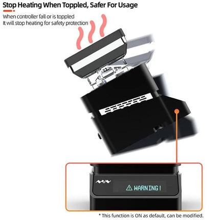 Miniware Portable Mini Hot Plate Preheater for Everyday Heating showing auto shut-off safety when tilted and warning display
