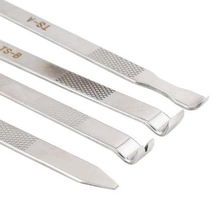 4 in 1 Multifunction Metal Crowbar Set for Device Repair showing four metal pry tools with textured grips for phone and electronics disassembly