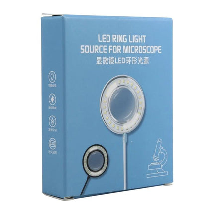 LED Ring Light for Everyday Microscope Observations - compact LED ring light on blue packaging for stereo microscope illumination