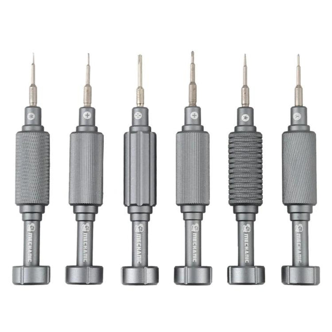 Mechanic Mortar Mini iShell Max 6-in-1 Screwdriver Set for Electronics showing six compact precision screwdrivers with textured grips and noise reduction
