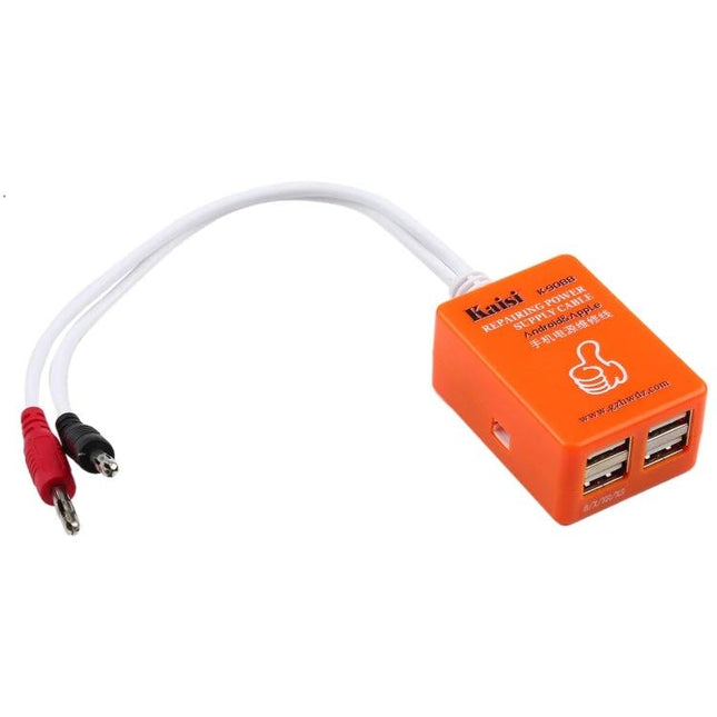 Kaisi K-9088 Repair Power Supply Cable for Android and iPhone orange diagnostic USB adapter with labeled red and black test leads