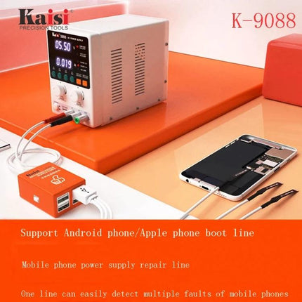 Kaisi K-9088 Repair Power Supply Cable for Android and iPhone connected to power supply and smartphone for charging repair and troubleshooting