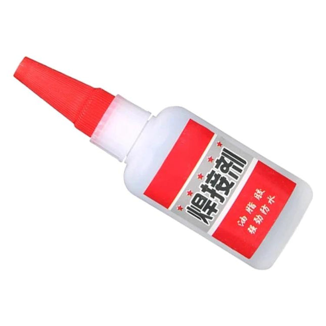 Universal Repair Glue for Everyday Household Fixes, 50g Pack - white bottle with red nozzle showing label and cap