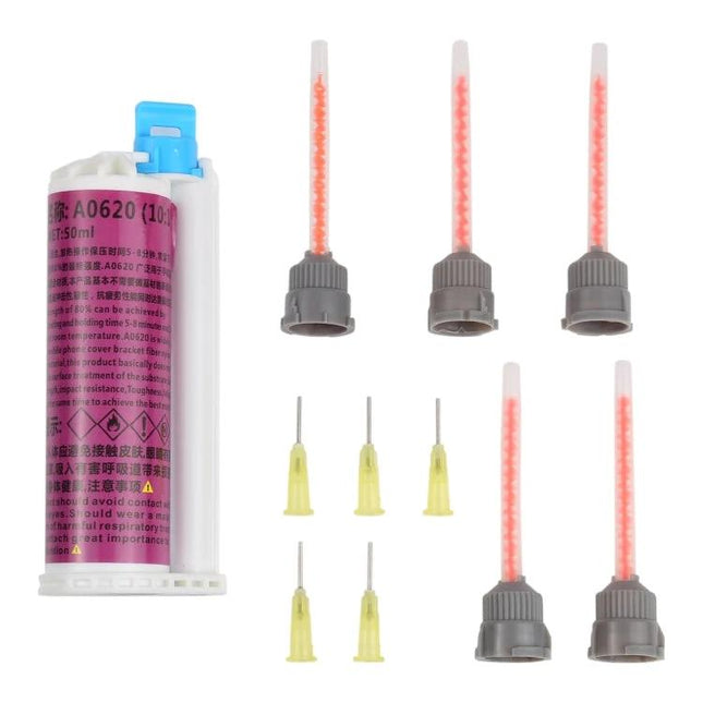 50ml Two-Part AB Adhesive for Frame and Cover Bonding cartridge and six mixing nozzles and five dispensing needles kit for phone and tablet repairs