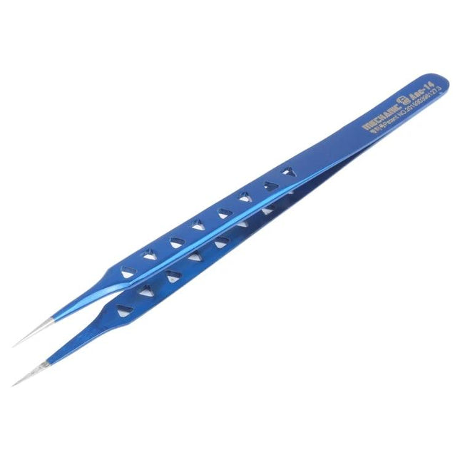Mechanic Straight Precision Stainless Steel Tweezers blue anti-slip tips for electronics and model assembly