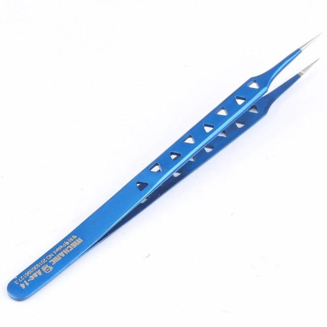 Mechanic Straight Precision Stainless Steel Tweezers blue anodized straight tips for mechanics, electronics and hobbyists, anti-slip cutouts