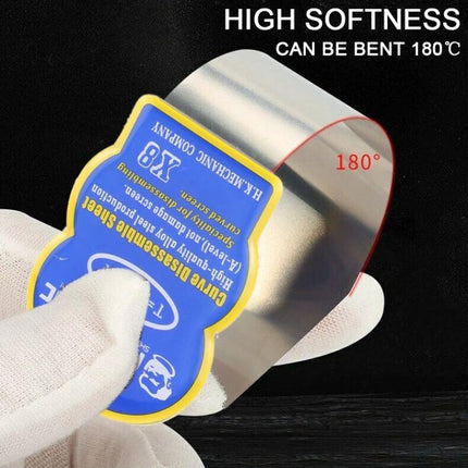 Mechanic X8 Pry Tool for Opening Curved Screen Devices showing ultra-thin 0.1mm metal pick bending 180° held with gloved hand