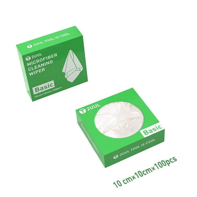 2UUL 10x10cm Microfiber Cloth for Cleaning Phone and Laptop Screens – green boxed pack of 100 soft microfiber wipes for screens and lenses