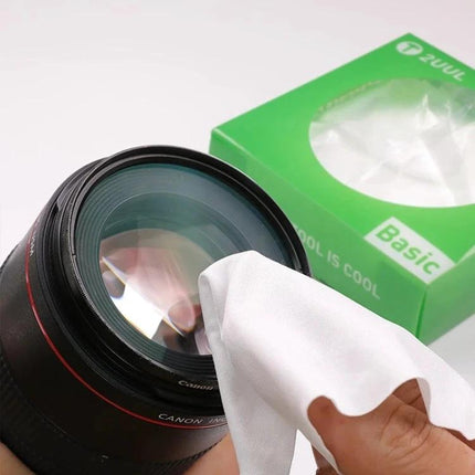 2UUL 10x10cm Microfiber Cloth for Cleaning Phone and Laptop Screens wiping a camera lens with white cloth next to green packaging