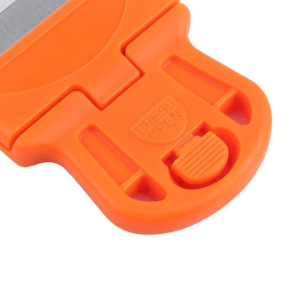 Mini Plastic Handle Glue Remover Squeegee for Cleaning Devices orange plastic handle closeup showing blade cover and press open latch
