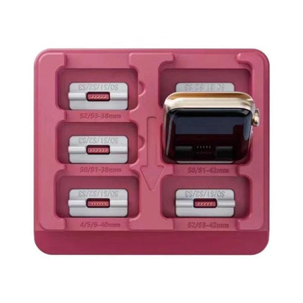 MagicAWRT iBus Recovery Adapter for Apple Watch Restoration in pink tray with multiple size connectors and an Apple Watch placed for restoration