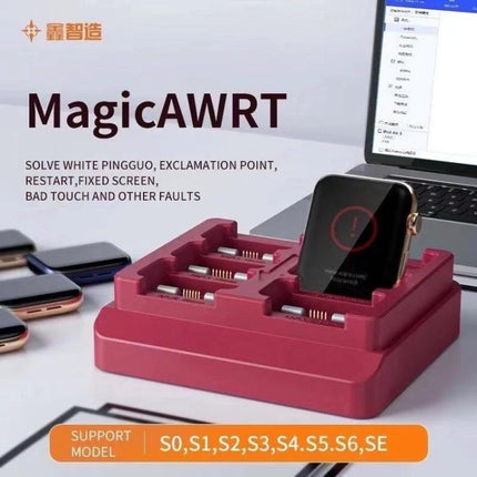 MagicAWRT iBus Recovery Adapter for Apple Watch Restoration showing red multi-slot docking unit with Apple Watch in recovery mode