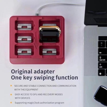 MagicAWRT iBus Recovery Adapter for Apple Watch Restoration plugged into laptop with Apple Watch in red adapter tray