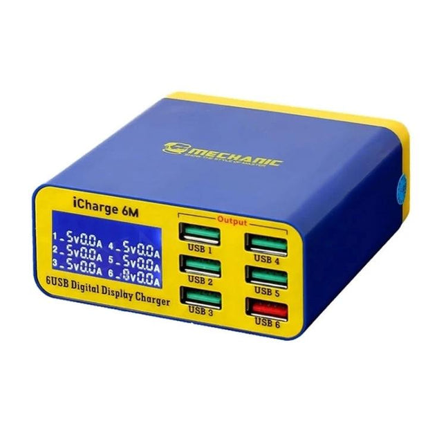 Mechanic iCharge 6M USB Smart Charger with LCD for Daily Use, EU Plug - blue 6-port USB charger with LCD showing output and simultaneous device charging