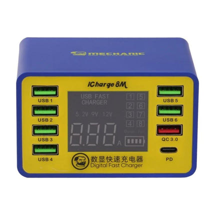 Mechanic iCharge 8M USB Smart Charger with LCD Display and Fast Charging front view showing eight USB ports and digital LCD battery readout