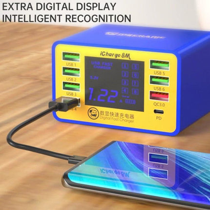 Mechanic iCharge 8M USB Smart Charger with LCD Display and Fast Charging showing eight ports and phone charging