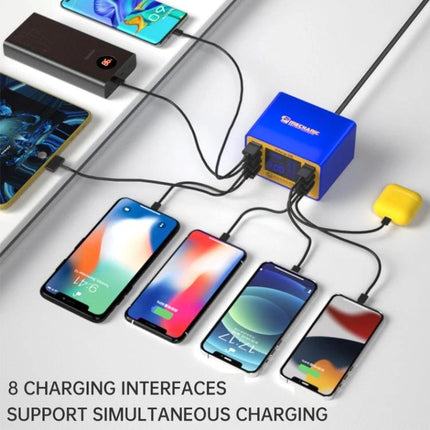 Mechanic iCharge 8M USB Smart Charger with LCD Display and Fast Charging charging eight devices simultaneously on a desk
