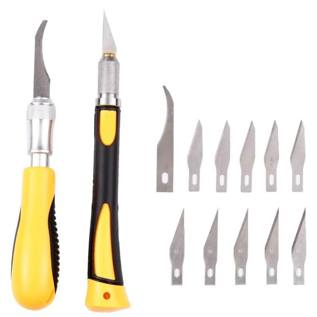 WLXY Engraving Cutter with Non-Slip Handle for Detailed Carving showing two yellow handles and 12 replacement blades for precise engraving and cutting