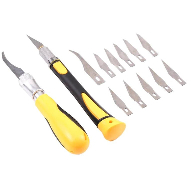WLXY Engraving Cutter with Non-Slip Handle for Detailed Carving showing two yellow-handled knives and multiple replacement blades for precision work