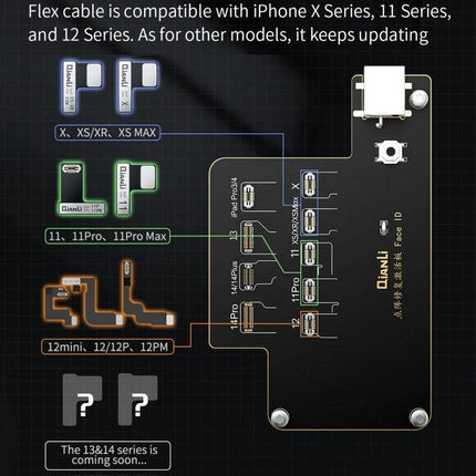 QianLi iCopy Plus Board for iPhone Face ID Recovery and Activation showing compatible flex cable layouts and board connectors
