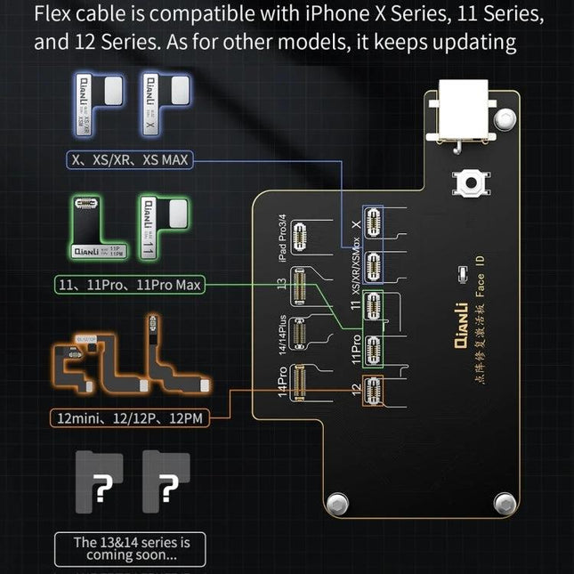 QianLi iCopy Plus Board for iPhone Face ID Recovery and Activation showing compatible flex cable layouts and board connectors