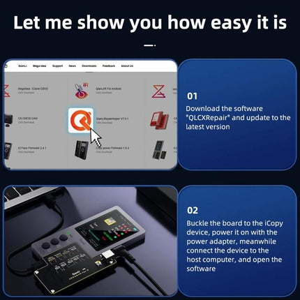 QianLi iCopy Plus Board for iPhone Face ID Recovery and Activation showing software steps and board connected to iCopy device