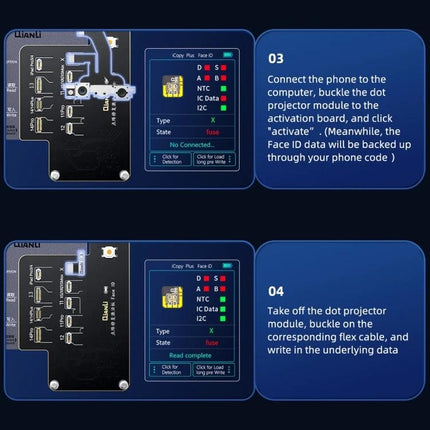 QianLi iCopy Plus Board for iPhone Face ID Recovery and Activation showing dot projector module connection and activation steps