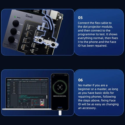 QianLi iCopy Plus Board for iPhone Face ID Recovery and Activation showing flex cable connection and Face ID repair steps