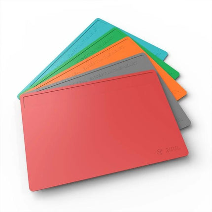 2UUL Heat-Resistant Silicone Pad for Workbench Use, 40x28cm - colorful heat-resistant silicone workbench mats stacked (red, gray, orange, green, teal)
