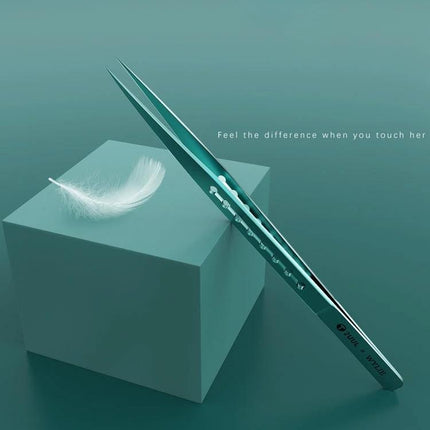 2UUL & Wylie Titanium Straight Tip Tweezers for Precision Work - titanium anti-magnetic straight tip tweezers shown with feather, precision handling