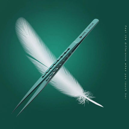 2UUL & Wylie Titanium Straight Tip Tweezers for Precision Work showing lightweight titanium tweezers crossed with a feather on green background