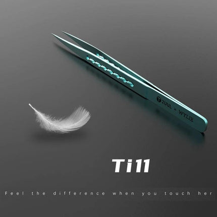 2UUL & Wylie Titanium Straight Tip Tweezers for Precision Work – titanium anti‑magnetic straight tip tweezers shown with feather for delicate handling