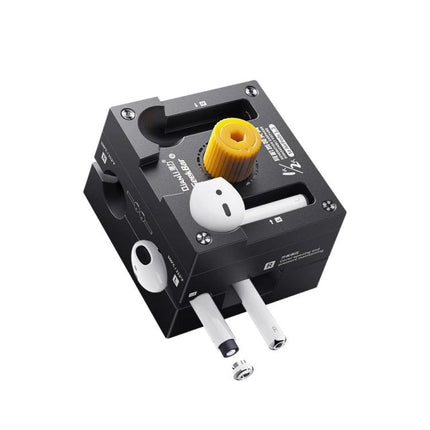 Qianli Earpods Repair and Removal Clamp for AirPods 1/2 and Pro showing black clamp holding AirPod with 360-degree rotating yellow knob