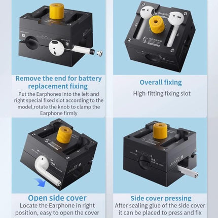 Qianli Earpods Repair and Removal Clamp for AirPods 1/2 and Pro showing clamp positions, 360-degree rotation and step-by-step repair use