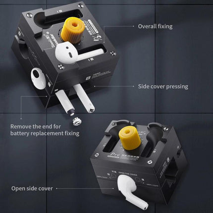 Qianli Earpods Repair and Removal Clamp for AirPods 1/2 and Pro showing clamp holding AirPods with 360-degree rotation and side cover pressing