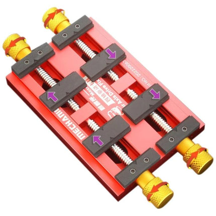 Mechanic MaxxTor Four-Axis Drive Motherboard Repair Fixture - red adjustable PCB holder with four-axis clamps for soldering and component repair