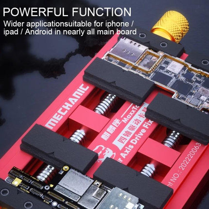 Mechanic MaxxTor Four-Axis Drive Motherboard Repair Fixture holding smartphone and tablet motherboards for soldering and inspection