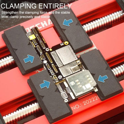 Mechanic MaxxTor Four-Axis Drive Motherboard Repair Fixture holding a small PCB securely for soldering and inspection
