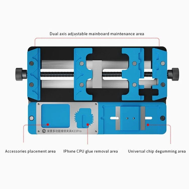 Mijing K23 Pro Multi-Function PCB Holder for Repairs top-down view showing dual-axis adjustable mainboard maintenance and accessory placement areas