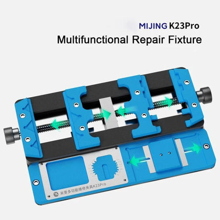 Mijing K23 Pro Multi-Function PCB Holder for Repairs shown with adjustable blue clamps and high-temp stone base for mobile mainboard soldering