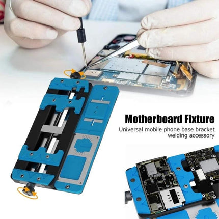 Mijing K23 Pro Multi-Function PCB Holder for Repairs showing technician soldering a mobile mainboard on a blue high-temp resistant fixture