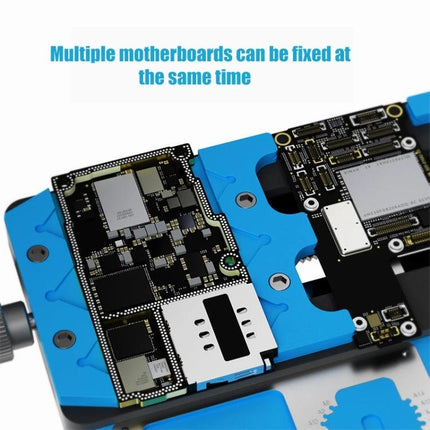 Mijing K23 Pro Multi-Function PCB Holder for Repairs showing two mobile mainboards secured on a blue high-temperature resistant holder