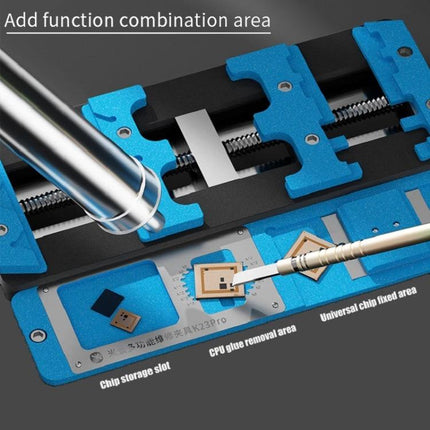 Mijing K23 Pro Multi-Function PCB Holder for Repairs showing blue clamps, chip storage slots and CPU glue removal area