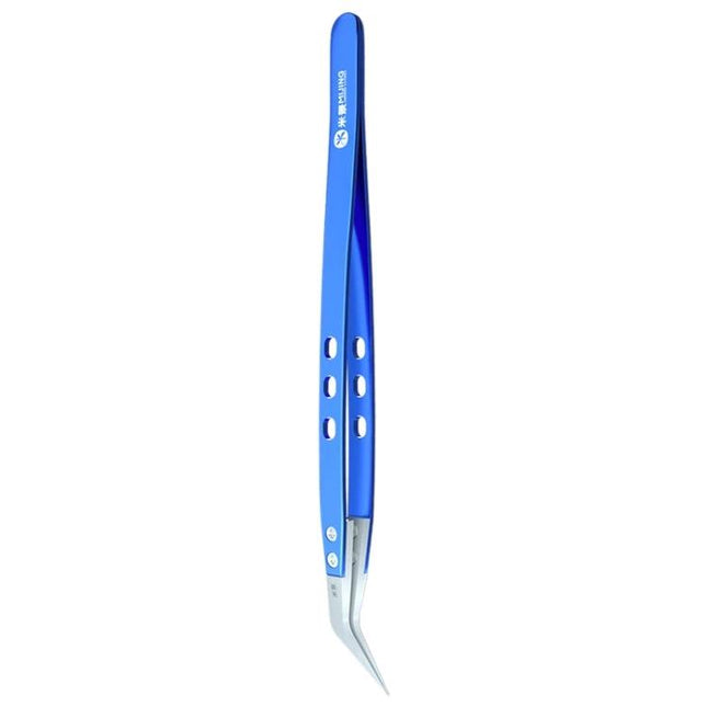 Mijing Antistatic Tweezers for Precision Electronic Repair - blue anti-static bent-tip tweezers with ergonomic grip for smartphone and circuit board work
